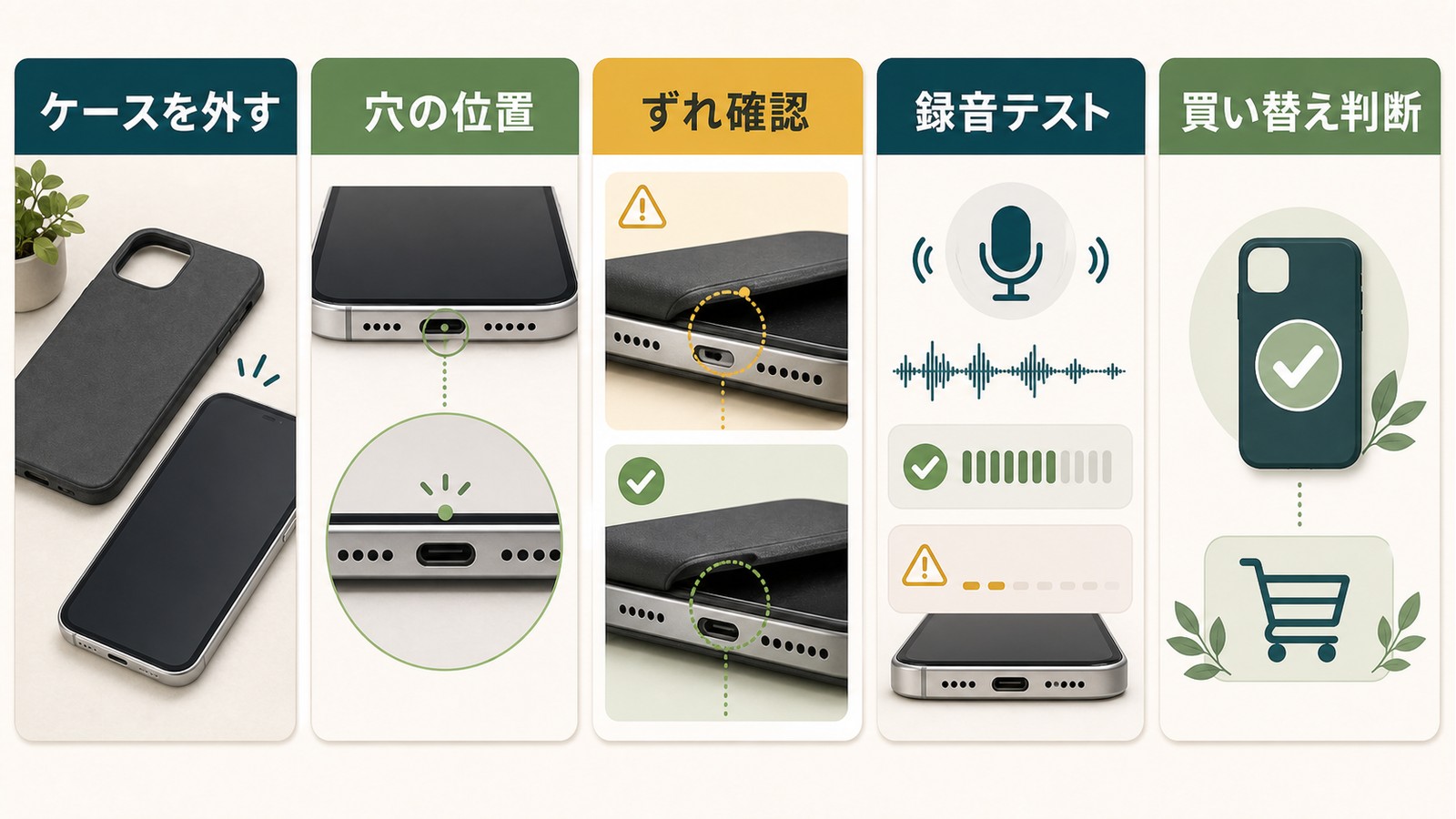 iPhoneケースを外す穴の位置ずれ確認録音テスト買い替え判断でマイク穴の塞がりを確認する図解