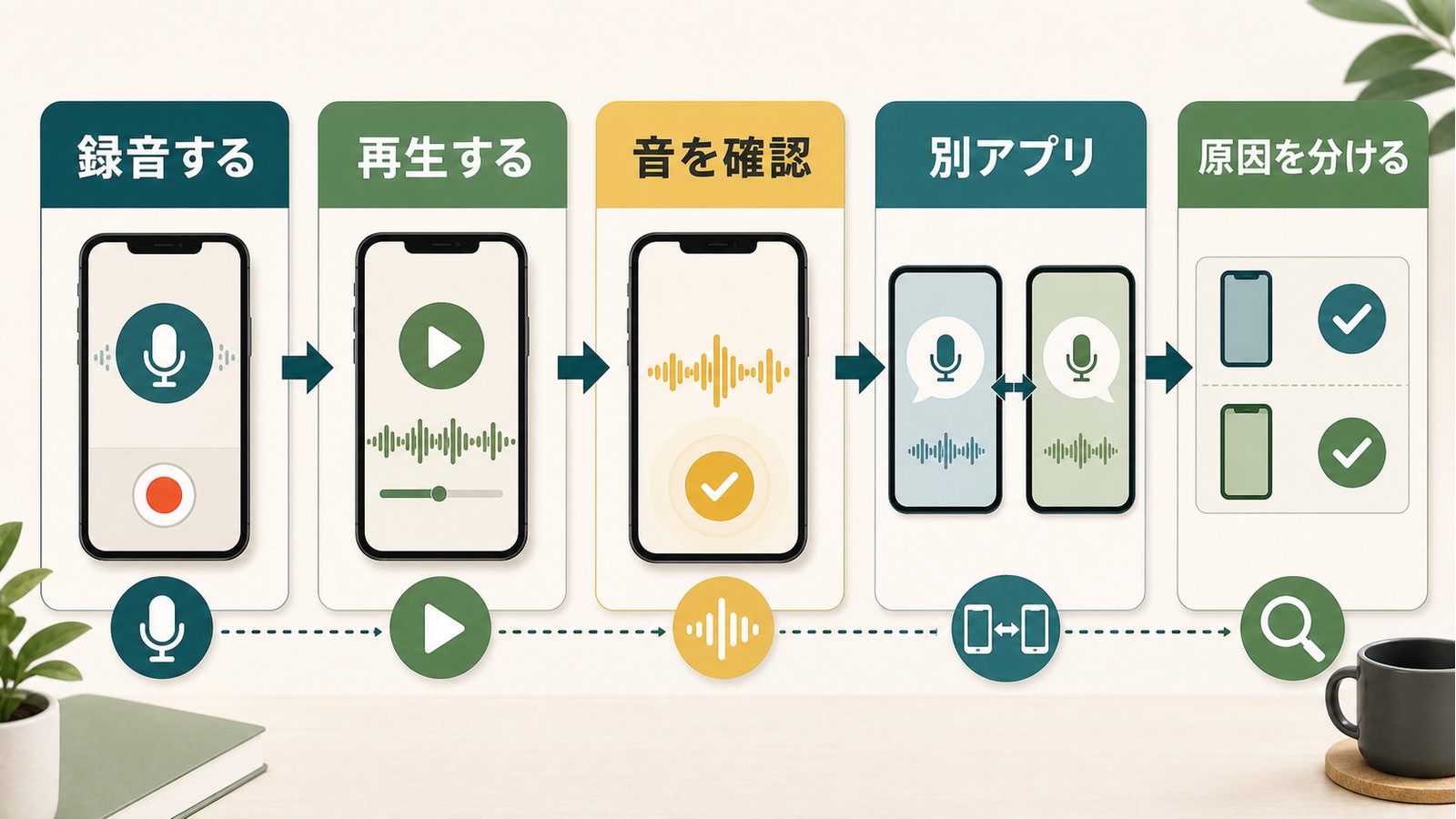 iPhoneで録音する再生する音を確認別アプリで試す原因を分ける流れのマイクテスト図解