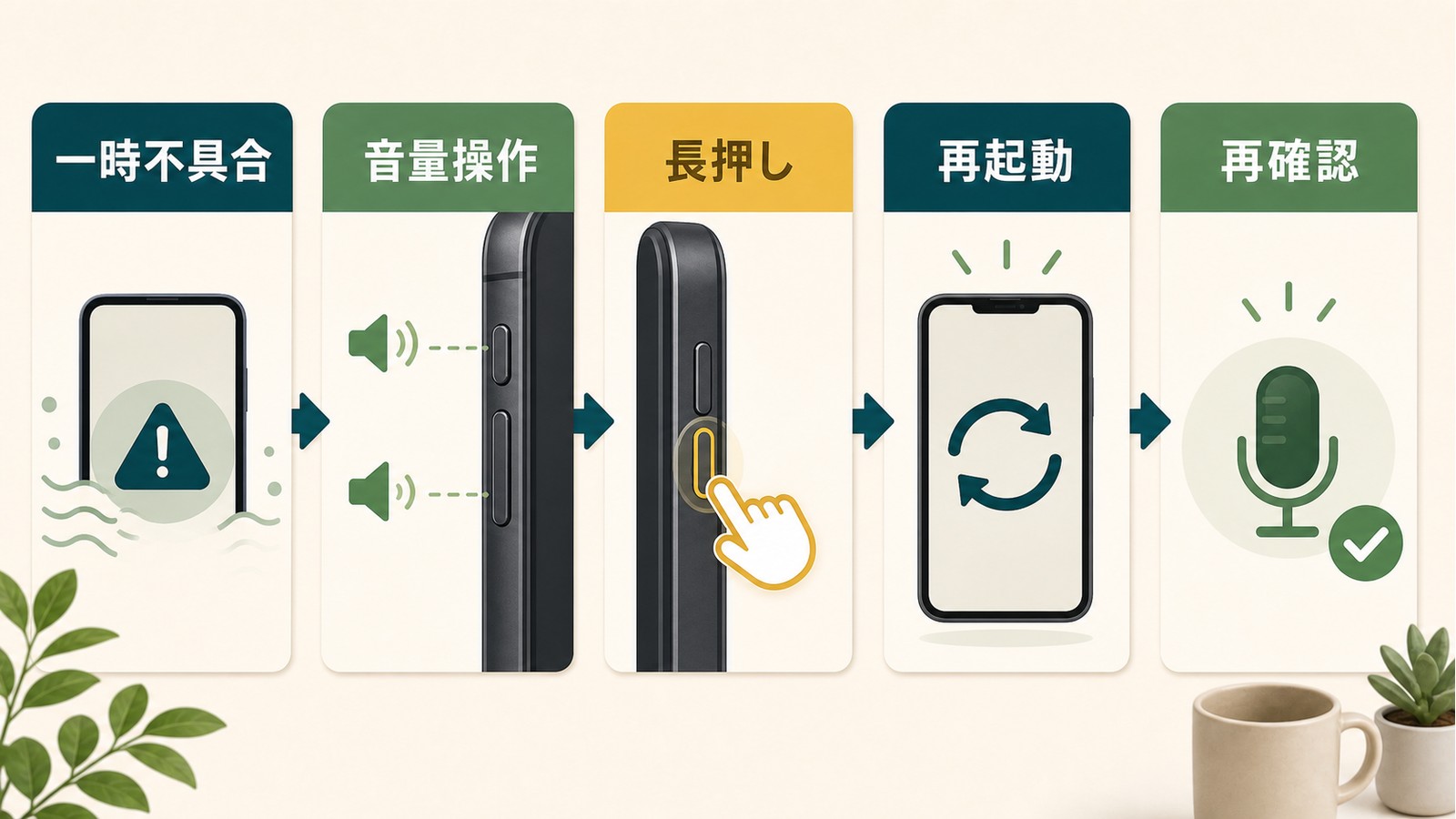 iPhoneの一時不具合を音量操作長押し再起動再確認で切り分けるマイク不具合対処の図解