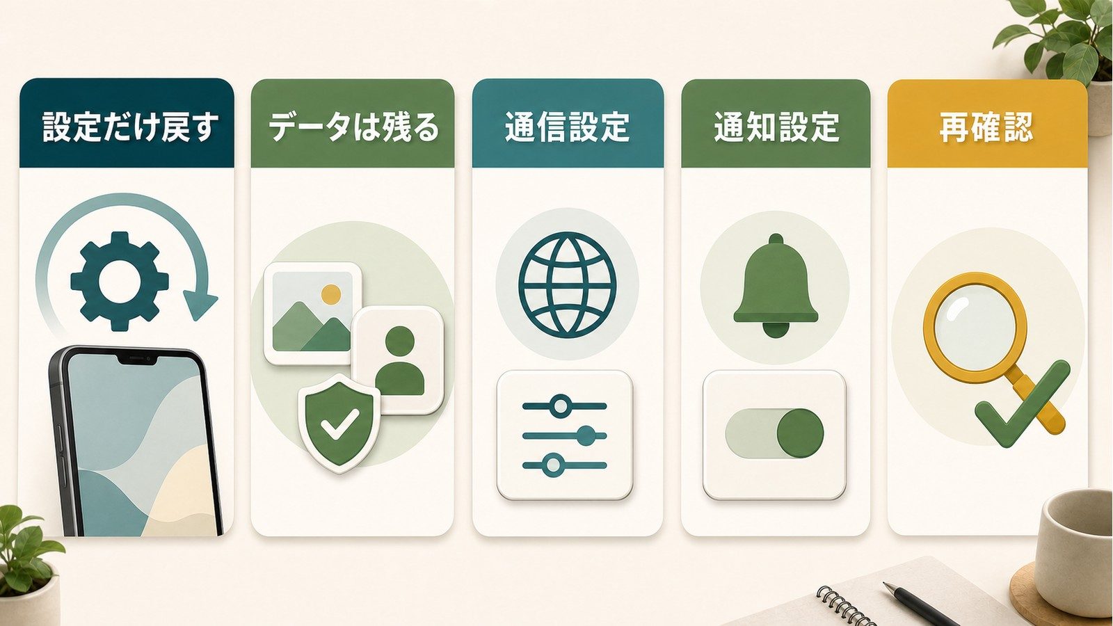 iPhoneのすべての設定をリセットする時に設定だけ戻すデータは残る通信設定通知設定再確認を整理した図解