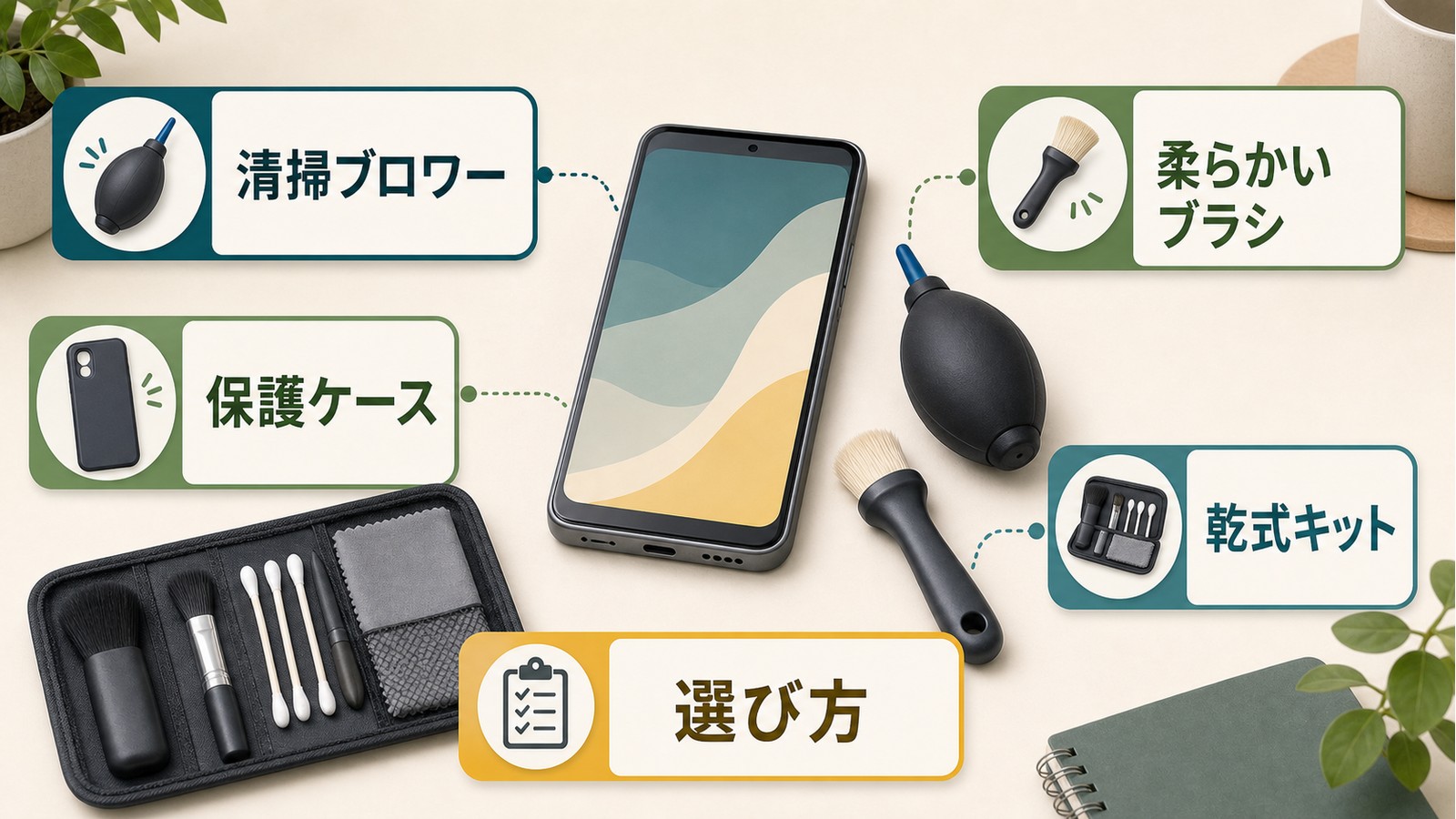 iPhoneマイク周辺の清掃と予防に使う清掃ブロワー柔らかいブラシ保護ケース乾式キット選び方の図解