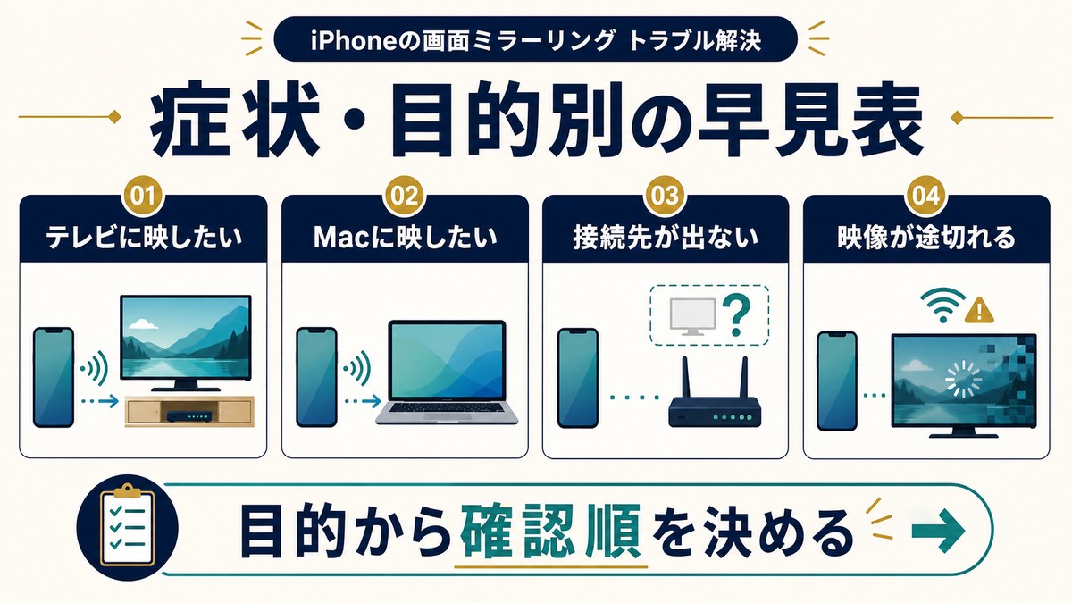 iPhone画面ミラーリングの症状・目的別の早見表