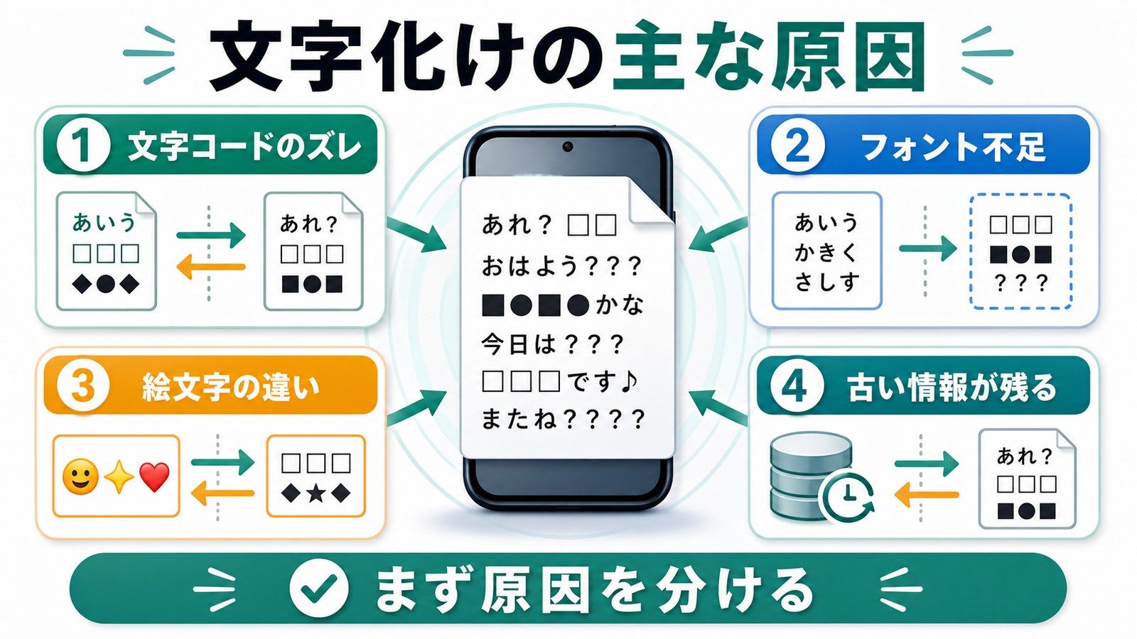 iPhoneで文字化けが起きる原因を文字コードのズレフォント不足絵文字の違い古い情報で整理した図解