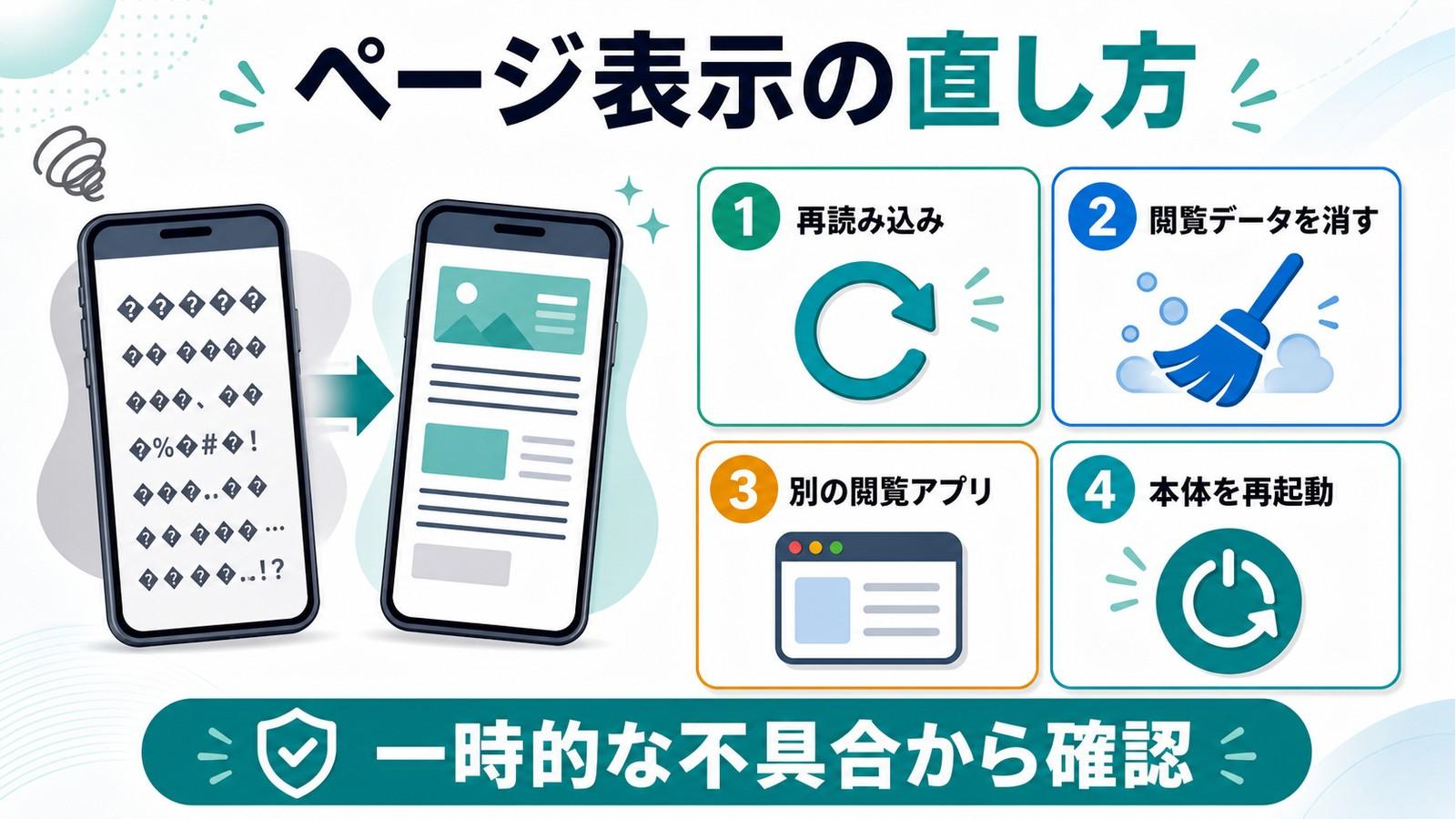 Webページが文字化けした時に再読み込み閲覧データ削除別ブラウザ本体再起動を確認する図解