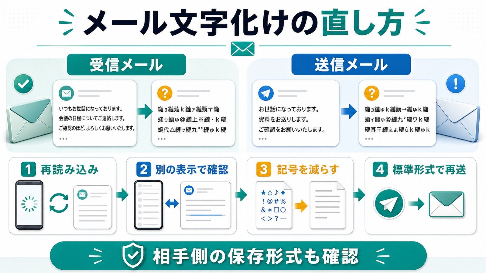 メールの文字化けを受信メール送信メールに分け再読み込み別表示記号削減標準形式で再送する図解