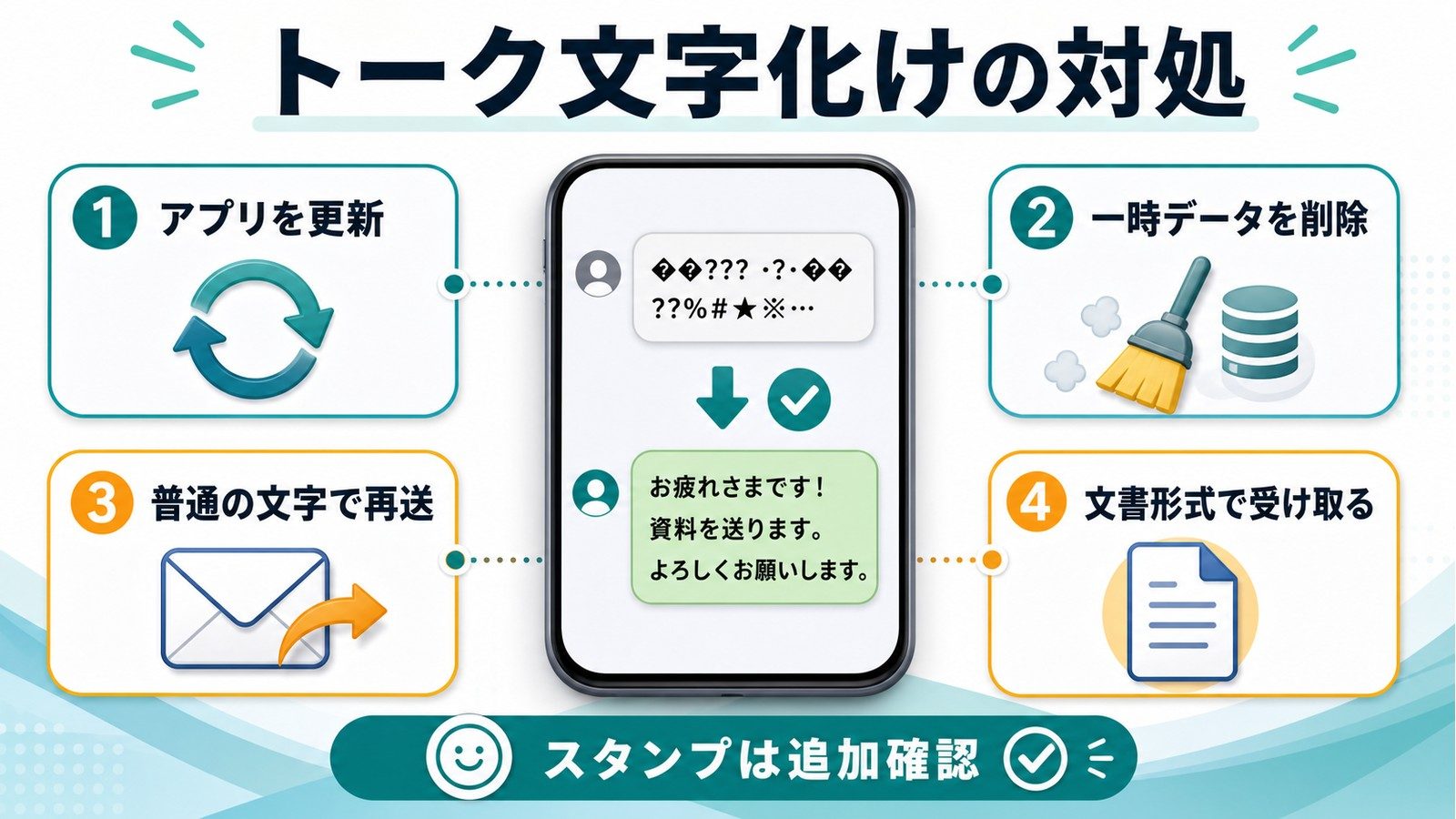 トークアプリで文字化けした時にアプリ更新一時データ削除普通の文字で再送文書形式で受け取る流れの図解