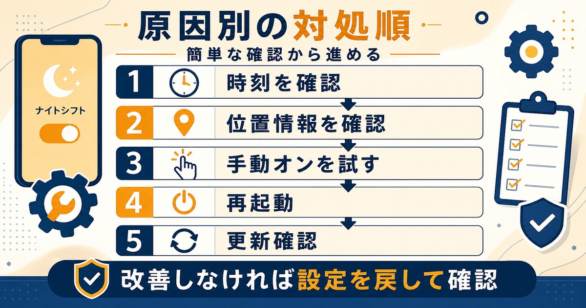 ナイトシフトが効かない時に時刻確認、位置情報確認、手動オン、再起動、更新確認の順で対処する図