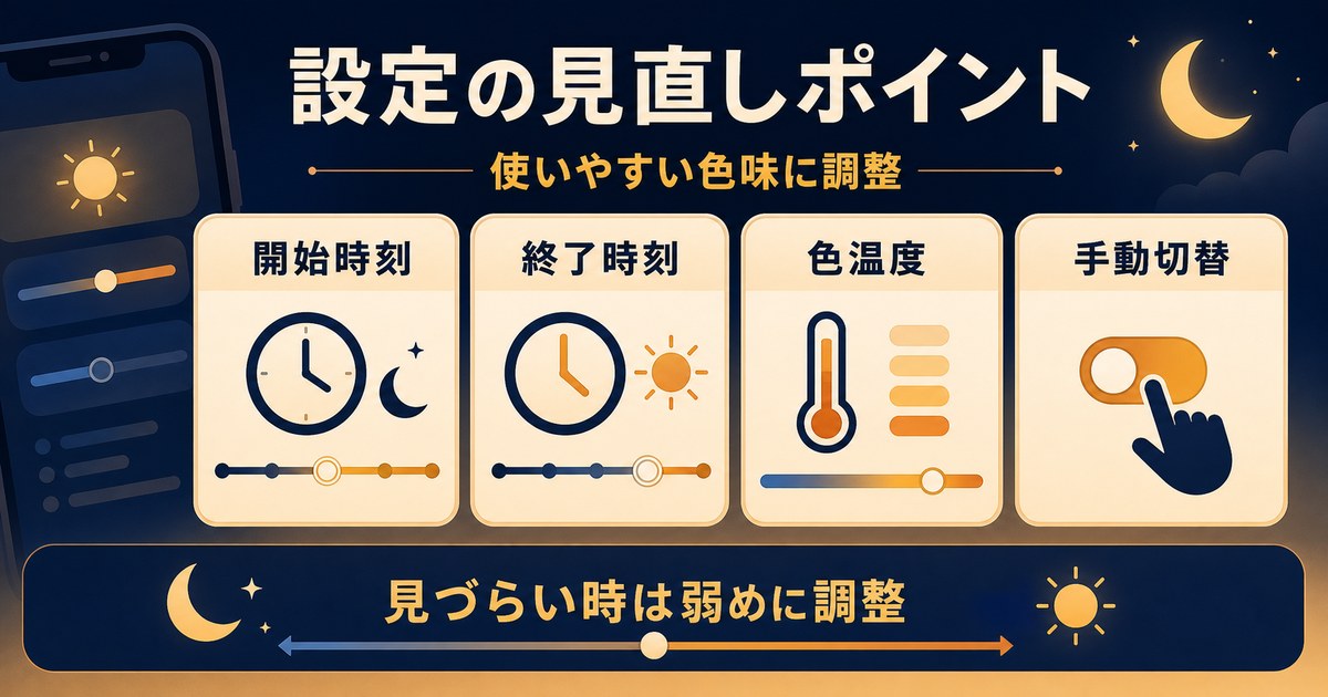 ナイトシフトの開始時刻、終了時刻、色温度、手動切替を見直すポイントを示す図