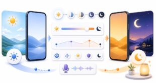 昼の表示、夜の暖色表示、色温度調整、音声操作を整理した日本語アイキャッチ画像