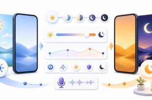 昼の表示、夜の暖色表示、色温度調整、音声操作を整理した日本語アイキャッチ画像