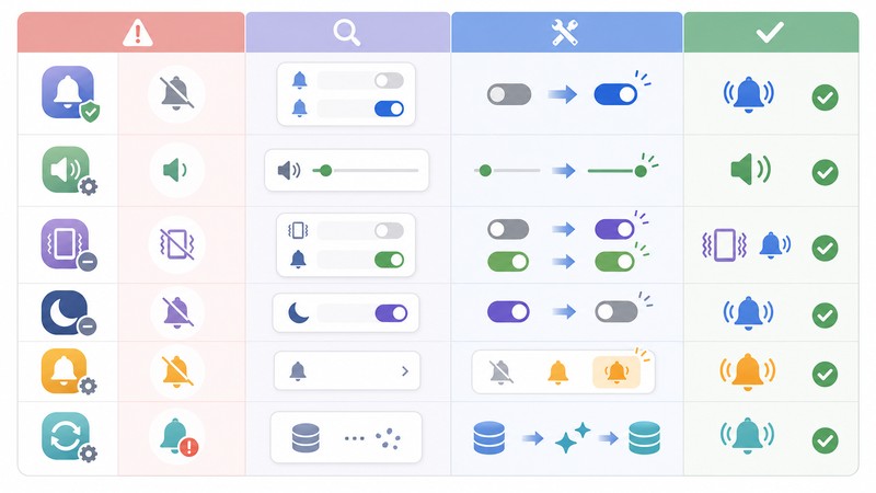 通知許可、音量設定、集中制御、アプリ別通知の対処を整理した日本語比較図解