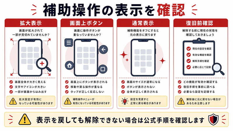 拡大表示、画面上ボタン、通常表示、復旧前確認を整理した日本語図解