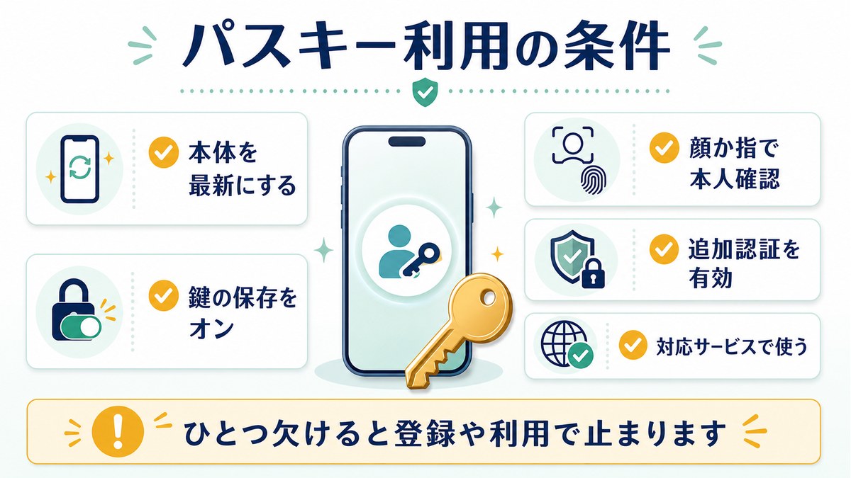 パスキー利用に必要な本体更新鍵の保存本人確認追加認証対応サービスを確認する図解