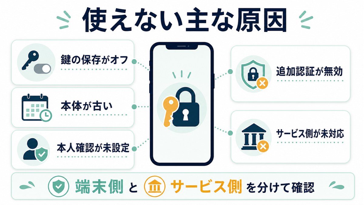 パスキーが使えない原因を鍵の保存本体が古い本人確認未設定追加認証無効サービス未対応に分ける図解