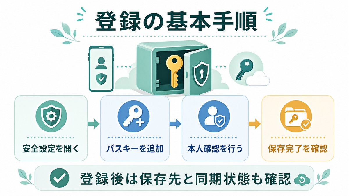 安全設定を開きパスキーを追加し本人確認を行い保存完了と同期状態を確認する図解