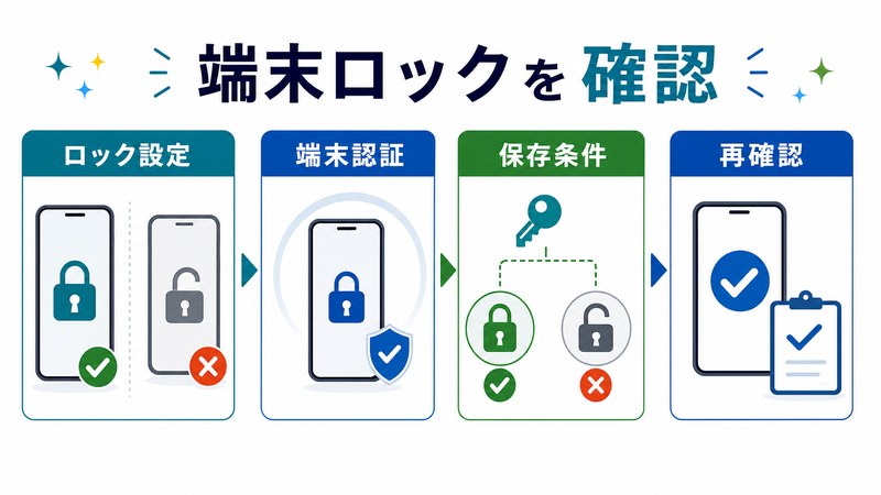 ロック設定、端末認証、保存条件、再確認を整理した日本語図解