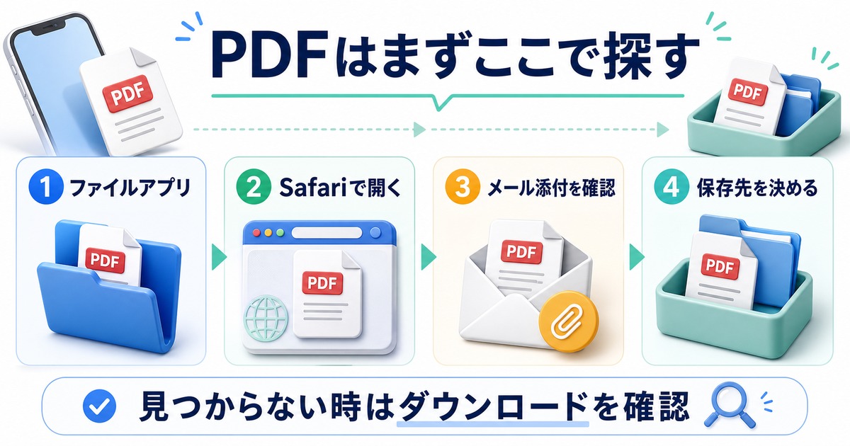 iPhoneでPDFを閲覧する時にファイルアプリ、Safari、メール添付、保存先を確認する図