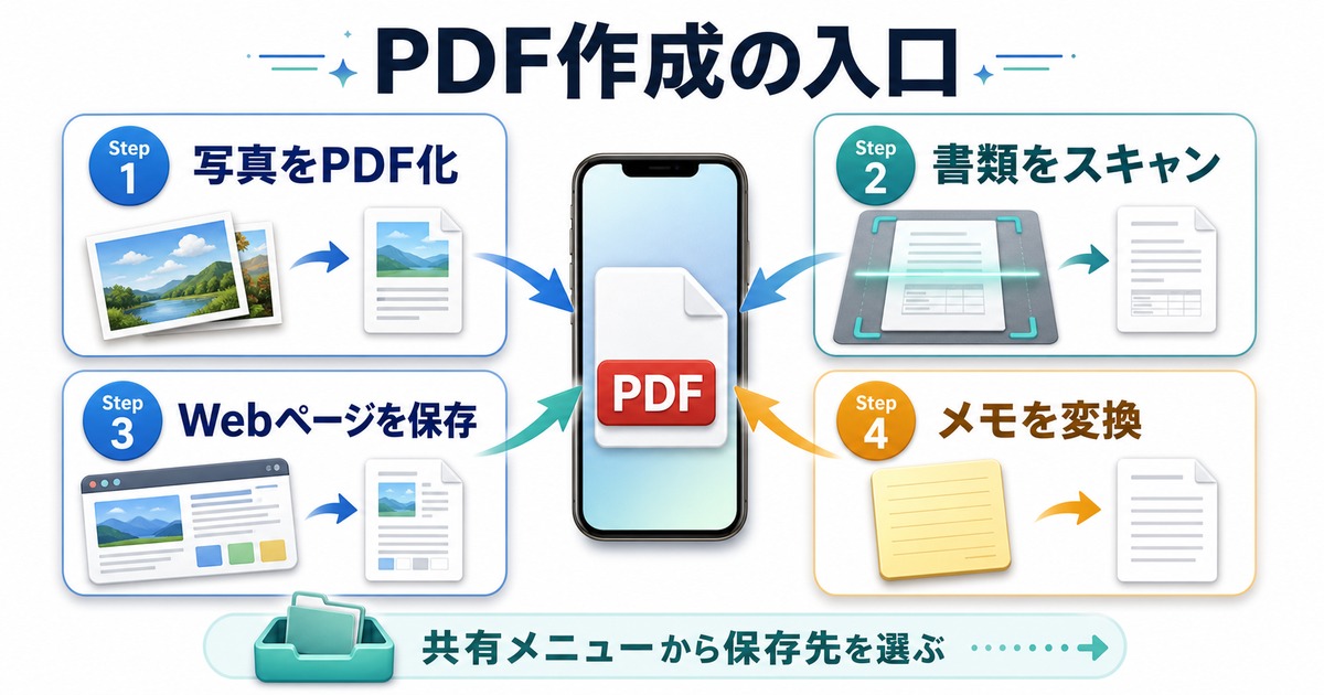 iPhoneで写真、書類スキャン、Webページ、メモをPDF化して保存先を選ぶ流れを示した図