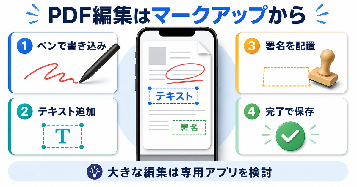 iPhoneでPDFにペン書き込み、テキスト追加、署名配置を行い、完了で保存する流れを示した図