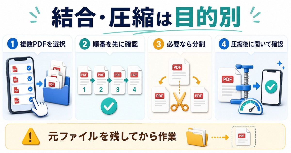 iPhoneで複数PDFを選択し、順番を確認して、必要に応じて分割や圧縮を行う図