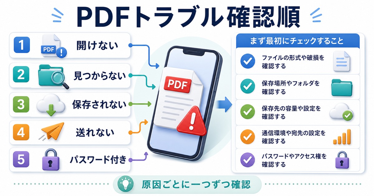 iPhoneでPDFが開けない、見つからない、保存されない、送れない、パスワード付きの場合の確認順を示した図