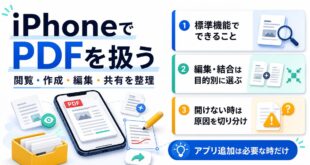 iPhoneでPDFを閲覧、作成、編集、共有し、開けない時の原因を切り分ける流れを示した図解