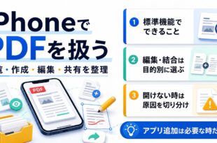 iPhoneでPDFを閲覧、作成、編集、共有し、開けない時の原因を切り分ける流れを示した図解