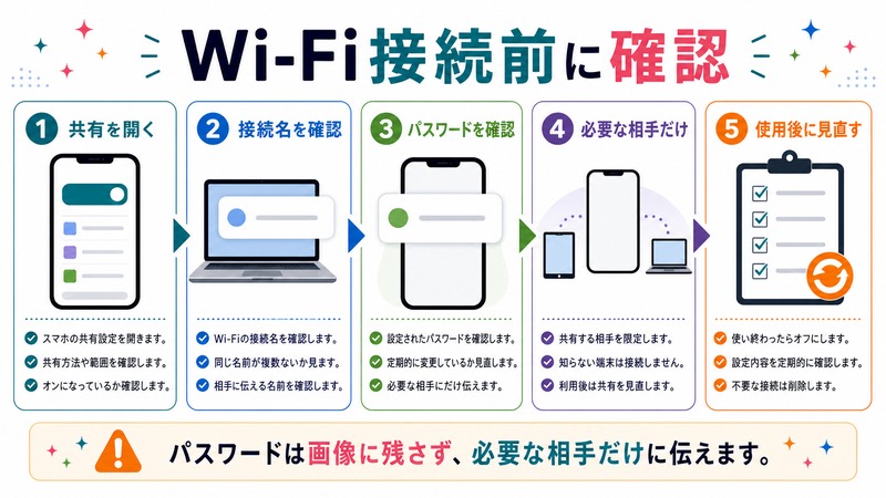 共有を開き、接続名を確認し、パスワードを確認し、必要な相手だけに伝え、使用後に見直す流れを示す日本語図解