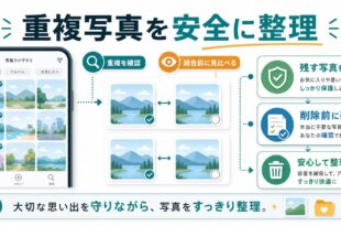 重複写真の確認、結合前の見比べ、残す写真の保護、削除前確認を整理した日本語アイキャッチ画像