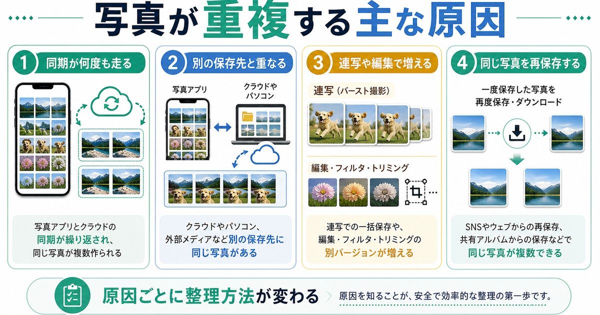 スマホ写真が重複する原因を同期の重なりと保存先重複と再保存に分けて示す図解