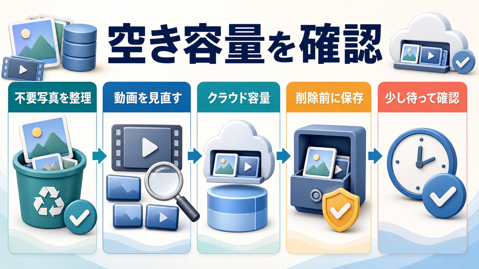iPhone写真同期でiCloudの空き容量を確認し不要写真動画クラウド容量を整理する図解