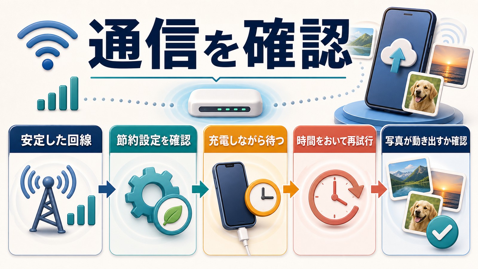 iPhone写真同期で安定した回線節約設定充電中の待機時間を確認して通信状態を切り分ける図解