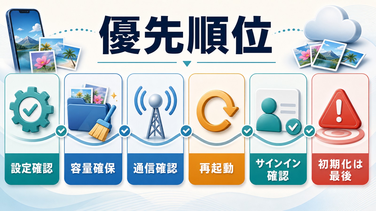 iPhone写真同期トラブルで設定確認容量確保通信確認再起動サインイン確認初期化の順に試す図解