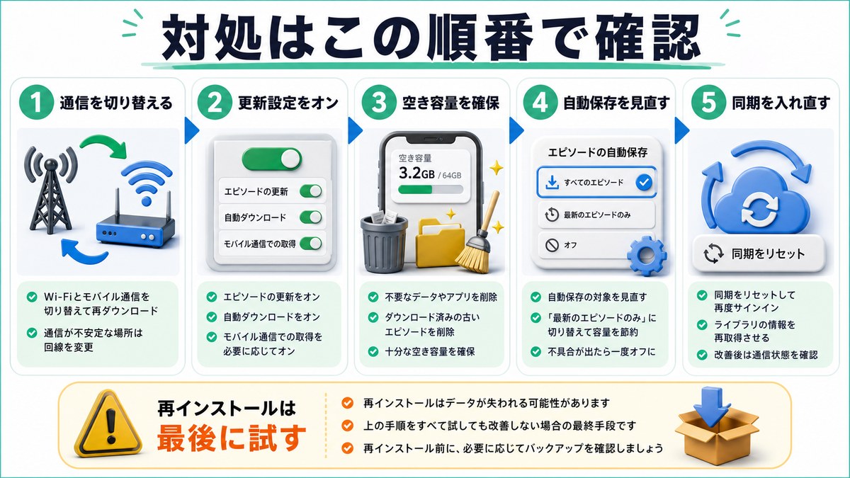 ポッドキャストのダウンロード不具合を順番に確認する対処法を整理した日本語画像