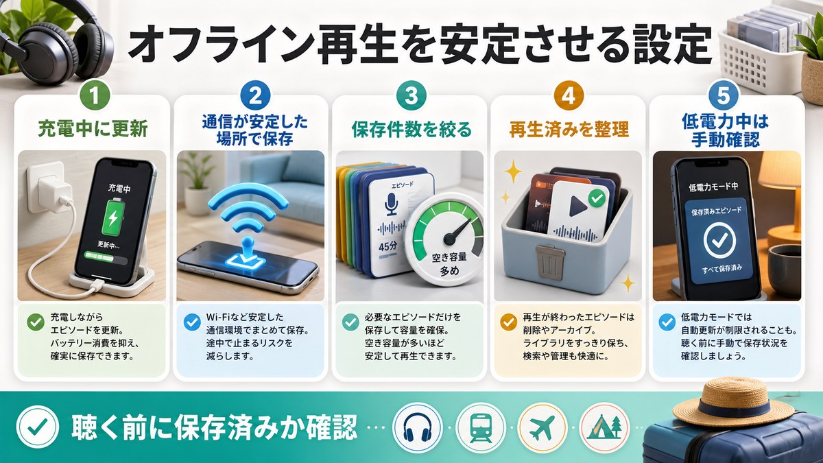 ポッドキャストのオフライン再生を安定させる設定を整理した日本語画像