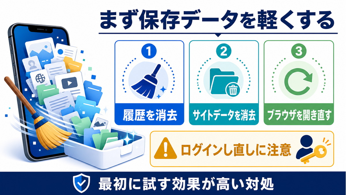 対処法1:Safariのキャッシュ・Cookie・履歴をすべてクリアする