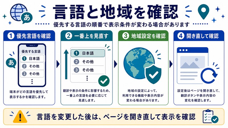 優先言語、一番上の言語、地域設定、開き直し確認を整理した日本語図解