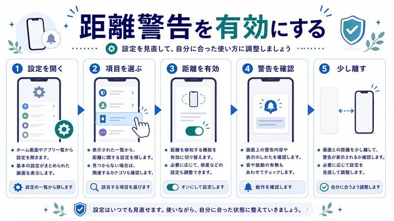 設定を開き、項目を選び、距離を有効にし、警告を確認して少し離す流れを整理した日本語図解