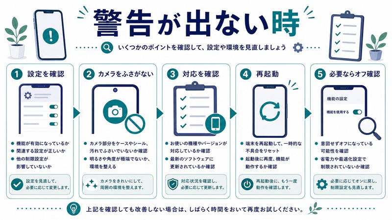 設定確認、カメラをふさがない、対応確認、再起動、必要ならオフ確認を整理した日本語図解