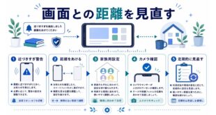 近づきすぎ警告、距離をあける、家族用設定、カメラ確認、定期的な見直しを整理した日本語アイキャッチ画像