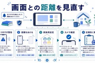 近づきすぎ警告、距離をあける、家族用設定、カメラ確認、定期的な見直しを整理した日本語アイキャッチ画像