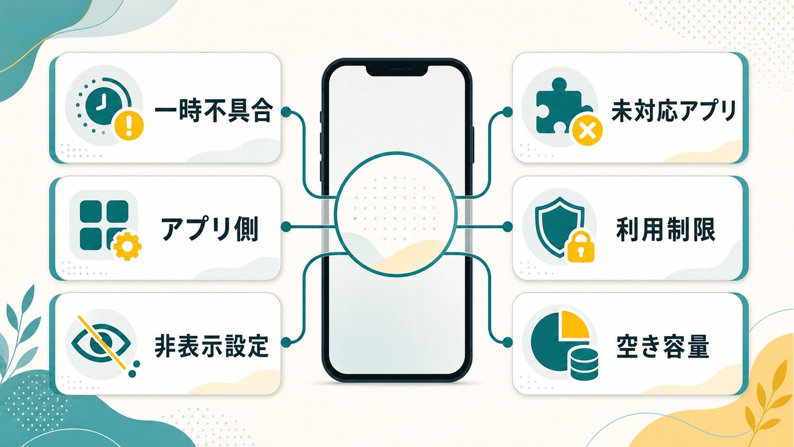 iPhoneの共有シートが動かない原因を一時不具合アプリ側非表示設定未対応アプリ利用制限空き容量で整理した図解