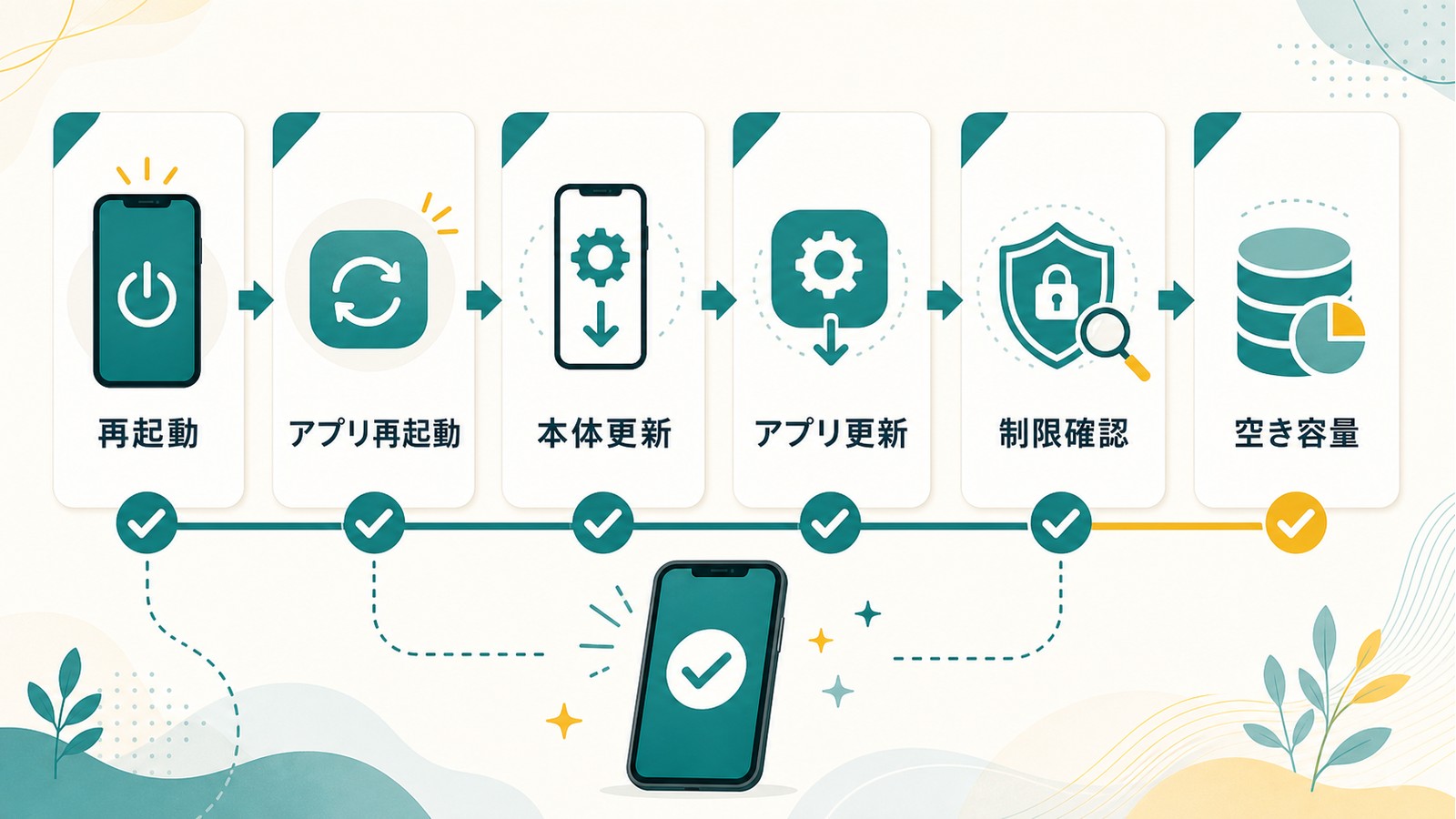 共有シートが動かない時に再起動アプリ再起動本体更新アプリ更新制限確認空き容量を順に確認する図解