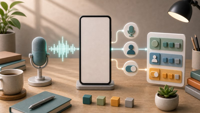 マイク、音声波形、設定タイル、スマートフォンを無文字アイコンで整理した日本語図解