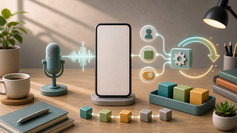 再設定ブロック、マイク、スマートフォン、更新経路を無文字アイコンで整理した日本語図解