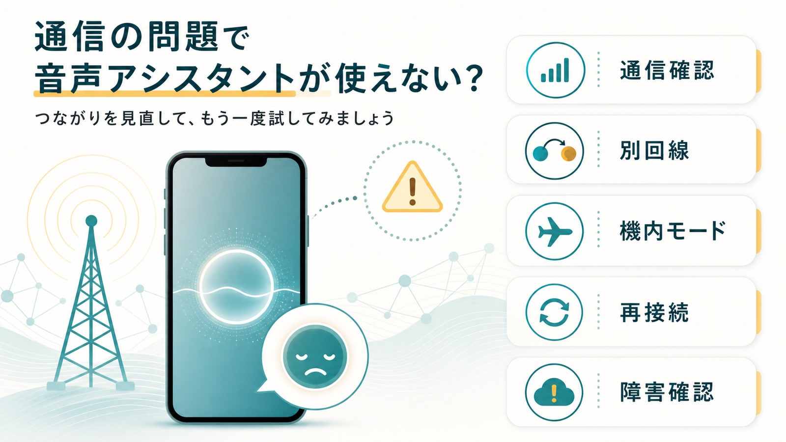 Siriが利用できない時に通信確認別回線機内モード再接続障害確認を行う図解