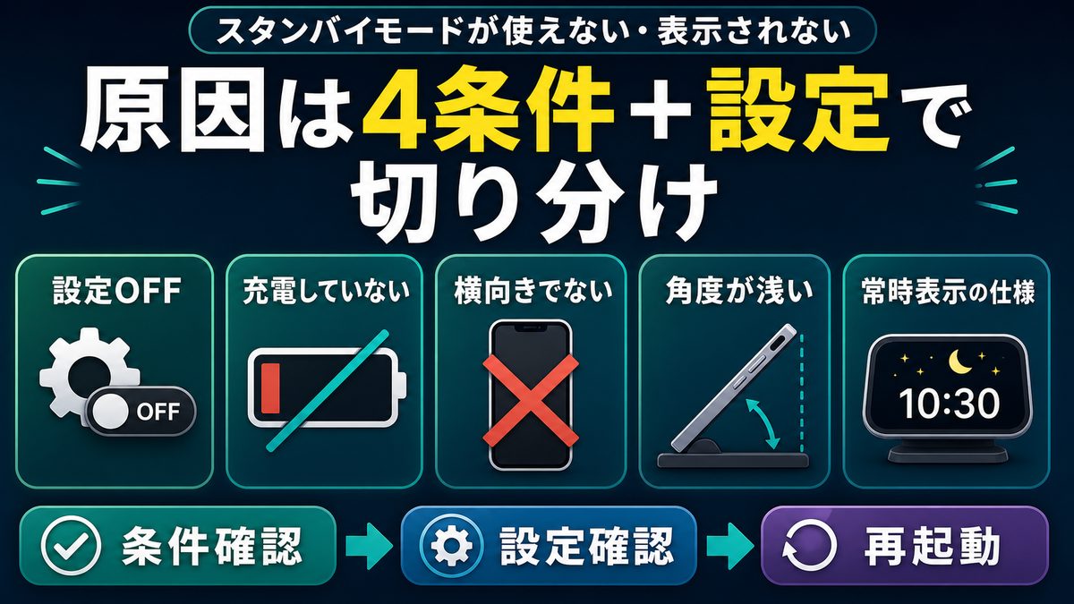 スタンバイモードが表示されない原因を設定オフ、充電していない、横向きでない、角度が浅い、常時表示の仕様に分けて確認する図解
