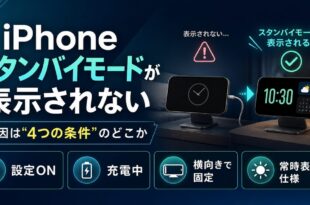 iPhoneのスタンバイモードが表示されない時に設定、充電、横向き固定、常時表示の仕様を確認するアイキャッチ画像