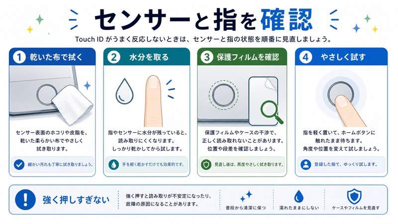 乾いた布で拭く、水分を取る、保護フィルムを確認、やさしく試す手順を整理した日本語図解