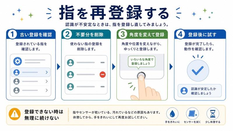 古い登録確認、不要分削除、角度を変えた登録、登録後の確認を整理した日本語図解